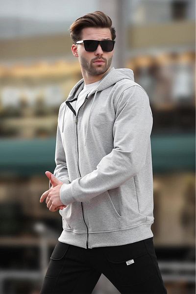 Madmext Men's Gray Hooded Zippered Cardigan 7070