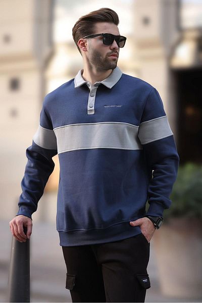 Madmext Ανδρικό φούτερ Polo Neck Navy Blue Block - 7072