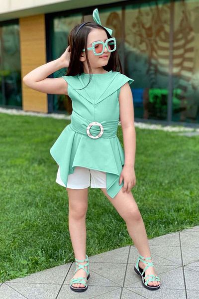 Riccotarz Girl's Zero Sleeve Asymmetrical Cut Belted Turquoise Tunic Shorts Suit