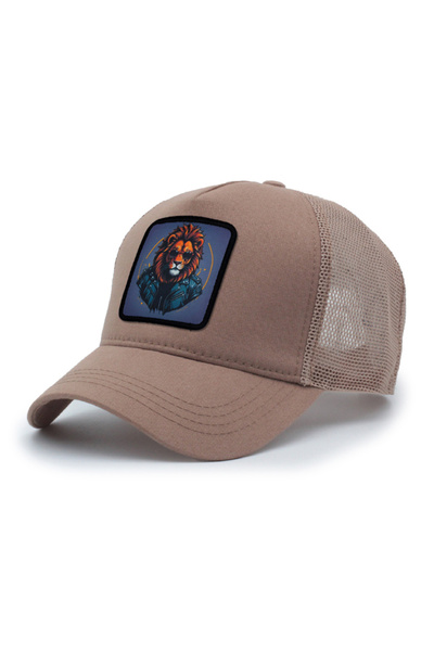 Trucker Lion Model Interchangeable Crest Mesh Hat Brown