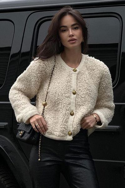 Madmext Beige geknöpfte Bouclé-Strickjacke MG1949