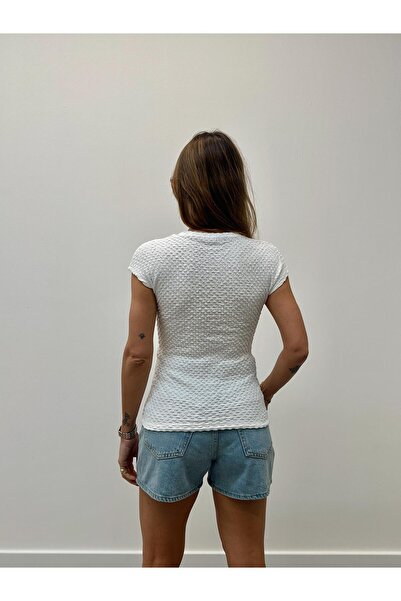 Maldia Shop Women's Wrinkled Texture t Sleeve Basic Ecru Blouse