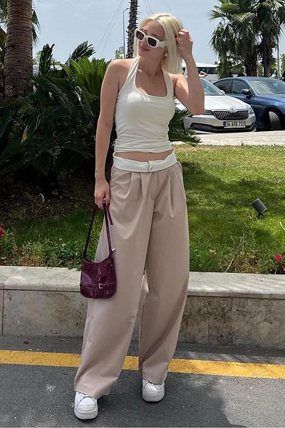Madmext High Waist Beige Wide Leg Trousers - MG2120