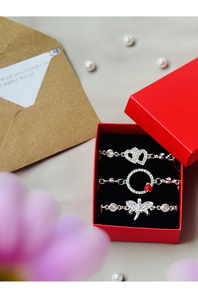 Butik Set of 3 Women's Bracelet Ladybug Butterfly Double Heart