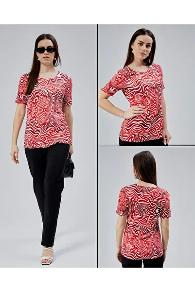 YXL COLLECTION Women's Large Size Lycra Janjan Printed Short Sleeve Mother T-Shirt Blouse - Red