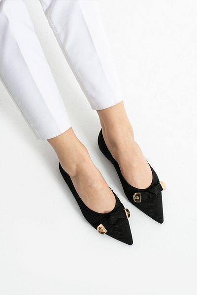 Getcho Baker Black Women's Ballerina Shoes Buckle Knitwear Comfortable Pointed Toe Flat Black Model for Daily Use