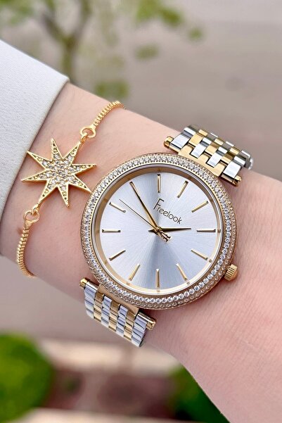Freelook Altın Metalik Renk 2 Yıl Garantili 38 Mm Kadın Kol Saati Ve Bileklik