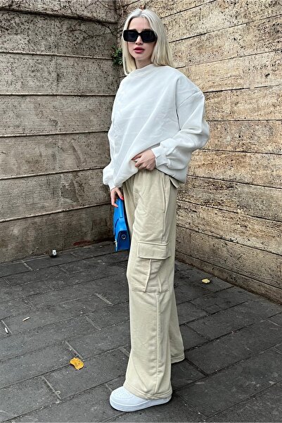 Madmext Kadın Bej Geniş Paça Kargo Cepli Eşofman Altı Mg1615