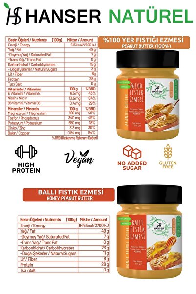Hanser Natürel Ham Ballı Ve %100 Yer Fıstığı Ezmesi 2'li Paket