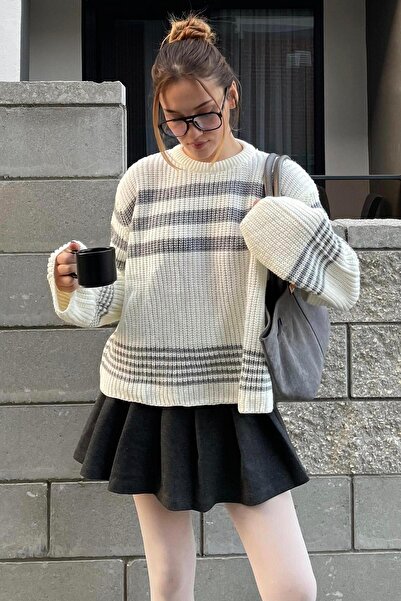 Madmext Bone Color Striped Knitwear Sweater Mg1585