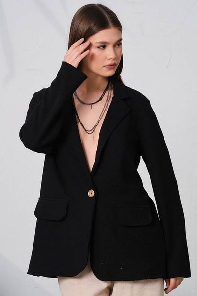 Nana & Mayka Moda Jachetă blazer pentru femei, cu umăr liber, neagră, oversize, lungă 5001, 100% bumbac