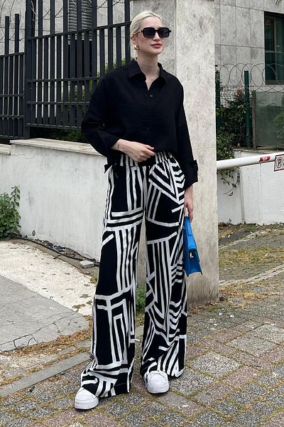 Madmext Black Patterned Wide Leg Trousers with Elastic Waist MG2051
