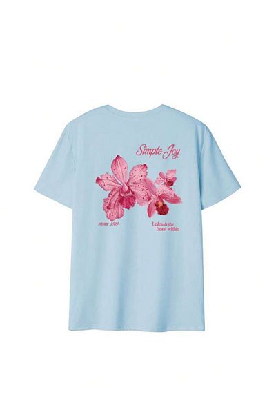 trendgar Tricou oversize albastru cu imprimeu simplu pe spate