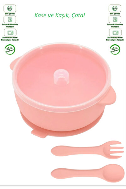 GÜLÜMSE BEBEK Vacuum Food Bowl with Silicone Lid, Six Vacuum Food Bowls, Silicone Spoon and Fork (Pink)