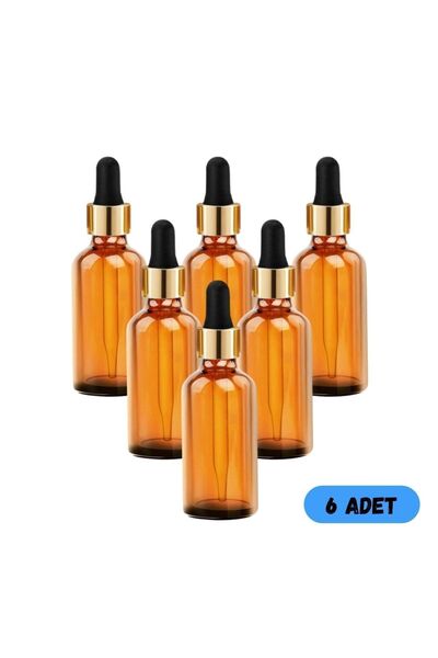 - 50 Cc Cam Damlalıklı Amber Şişe [50 Cc=50ml X 6 Adet] / Ecza Şişesi / Dropper Şişe