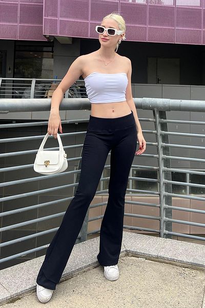 Madmext High Waist Navy Blue Spanish Leg Trousers - Ribbed Waist MG2096