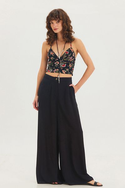 Clandestino High Waist Wide Leg Bohemian Trousers Black