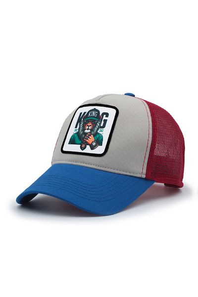 Trucker King Model Interchangeable Emblem Mesh Cap Blue Gray Red