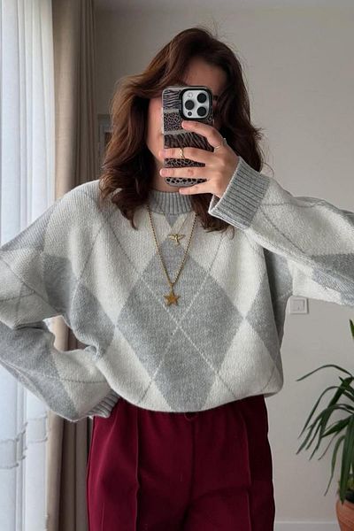 Madmext Gray Diamond Pattern Women's Knitwear Sweater Mg2190
