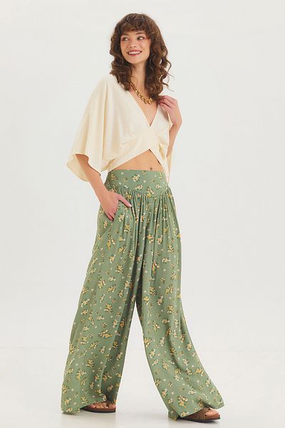 Clandestino Patterned Waist Gimped Loose Skirt Trousers Green