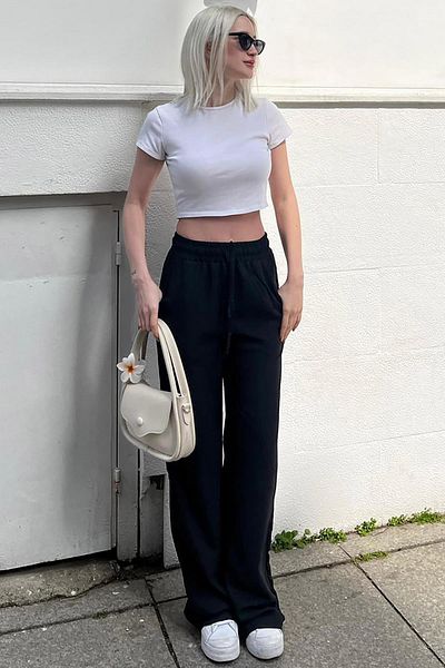 Madmext Black Drawstring Wide Leg Women's Trousers MG2011