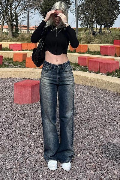 Madmext Blugi de damă drepti lați albastru pal MG1996