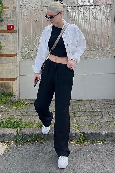 Madmext Black Crinkle Fabric Basic Women's Beach Trousers Mg1778