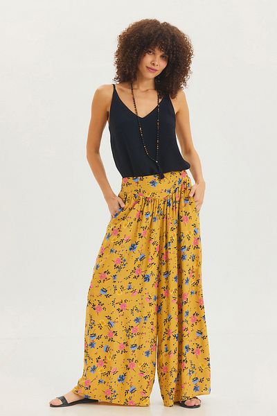 Clandestino Patterned Waist Gimped Loose Skirt Trousers Yellow