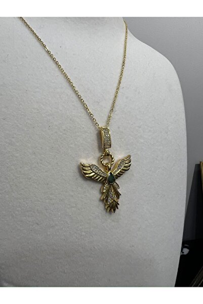 Store Yüzde Yüz Çelik Zincir Altın Kaplama Anka Kuşu Yeşil Taşlı Kolye