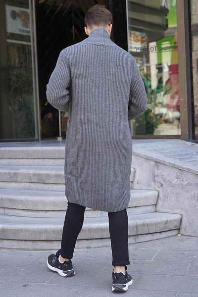 Madmext Anthracite Stand-Up Collar Pocket Long Knitwear Cardigan 6816