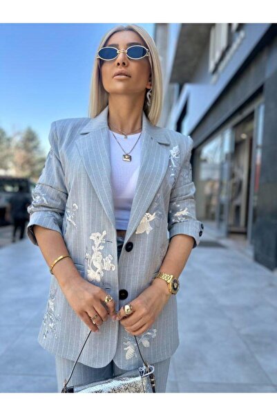 Robin 80193 Sequined Jacket Trousers Suit Gray