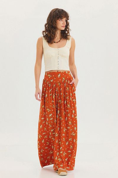 Clandestino Patterned Waist Gimped Loose Skirt Trousers Orange