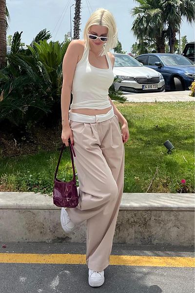 Madmext High Waist Beige Wide Leg Trousers - MG2120