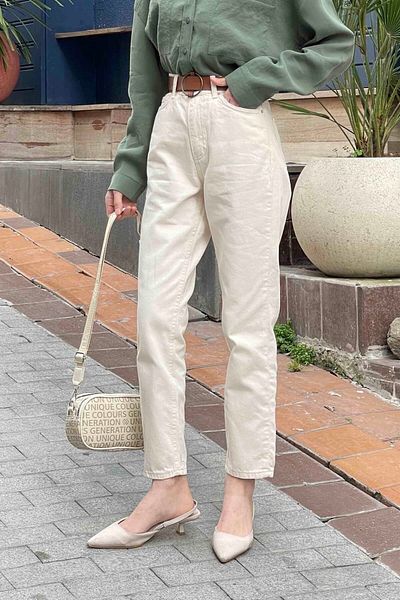 MAKRAS EXCLUSIVE Pera γυναικεία κρέμα Boyfrend ψηλόμεσο Lycra Extra Stretchy Mom Jeans παντελόνι