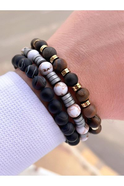 NURSAAT 3 Piece Special Design Unisex Natural Stone Bracelet Chakra, Turquoise, Jade, Agate and Citrine Stones 03