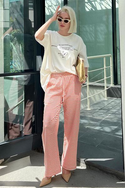 Madmext Bumbac cu dungi portocalii - Pantaloni cu picioare late cu talie reglabilă MG2133