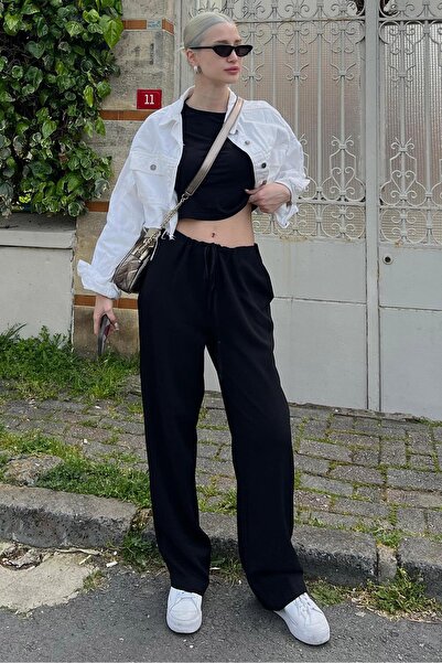 Madmext Black Crinkle Fabric Basic Women's Beach Trousers Mg1778