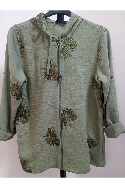 AKŞEN GİYİM Plus Size 100% Cotton Linen Hooded Fold over Sleeve Sim Floral Embroidered Authentic Jacket