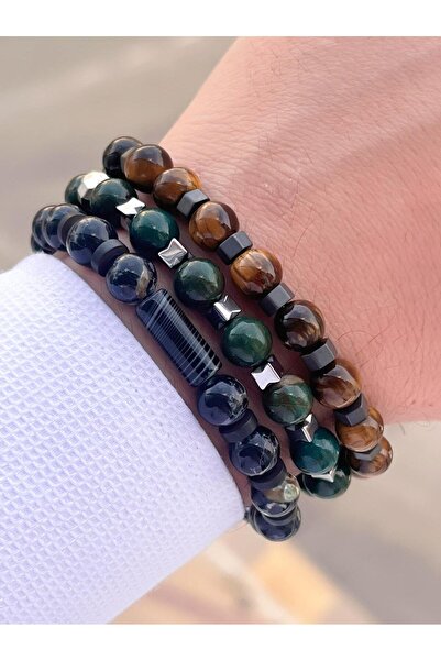 NURSAAT 3 قطع تصميم خاص للجنسين سوار الحجر الطبيعي شقرا والفيروز واليشم والعق...