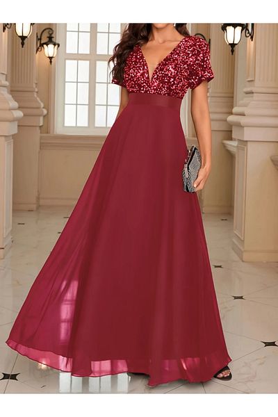 İpeksi Silky Women's Short Sleeve Deep V Neck A-Line Chiffon Bridesmaid Dress with Pulp Sequin Detail