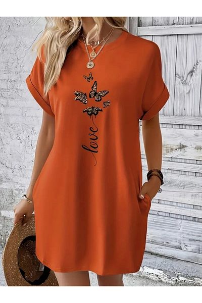 Femella Women Fashion Women's Short Sleeve Crew Neck Pocket Butterfly Printed Viscose Dress