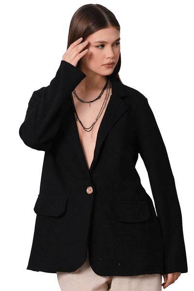 Nana & Mayka Moda Jachetă blazer pentru femei, cu umăr liber, neagră, oversize, lungă 5001, 100% bumbac