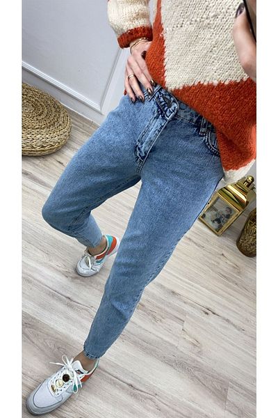 MAKRAS EXCLUSIVE Pera Pantaloni de damă, albastru Snow Wash Boyfrend, cu talie înaltă, din lycra, extra elastici