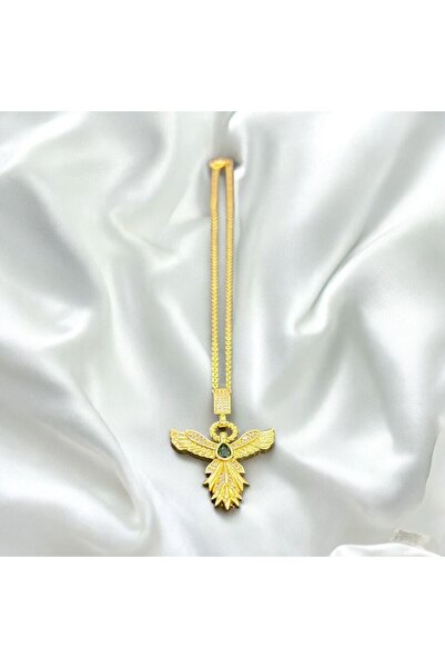 Store Yüzde Yüz Çelik Zincir Altın Kaplama Anka Kuşu Yeşil Taşlı Kolye
