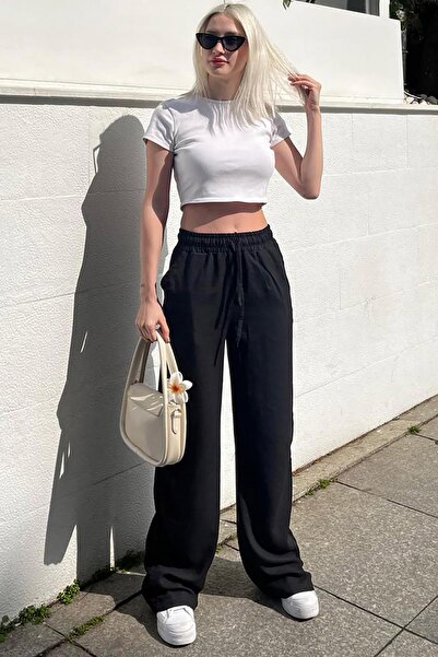 Madmext Black Drawstring Wide Leg Women's Trousers MG2011