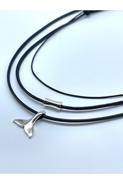 Concept HuBuTU Minimal Gümüş Kaplama Balık Kuyruğu Objeli Erkek Siyah Suni Deri Ip Bohem Kolye Seti (3 ADET)