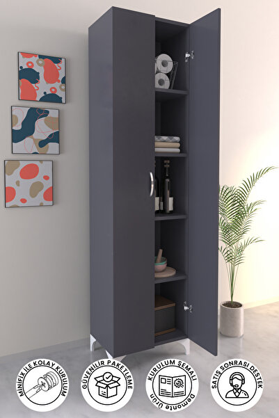 Hediyeler Kapında Antrasit 5 Raflı Çok Amaçlı Mutfak Dolabı Kiler Banyo Balkon Erzak Dolabı