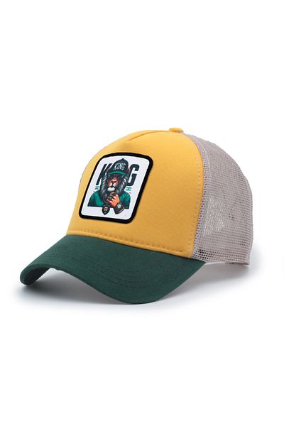 Trucker King Model Interchangeable Emblem Mesh Cap Green Yellow Cream