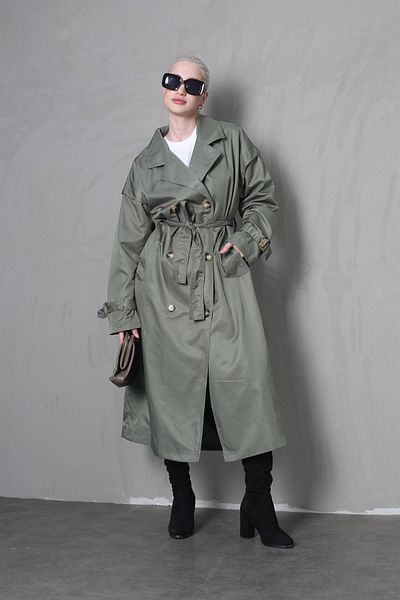 Madmext Grüner drapierter langer Trenchcoat MG1913