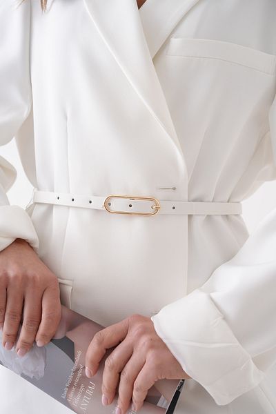 barış sülün lovebox Women's Thin Band White Faux Leather Belt with Gold Buckle 7400